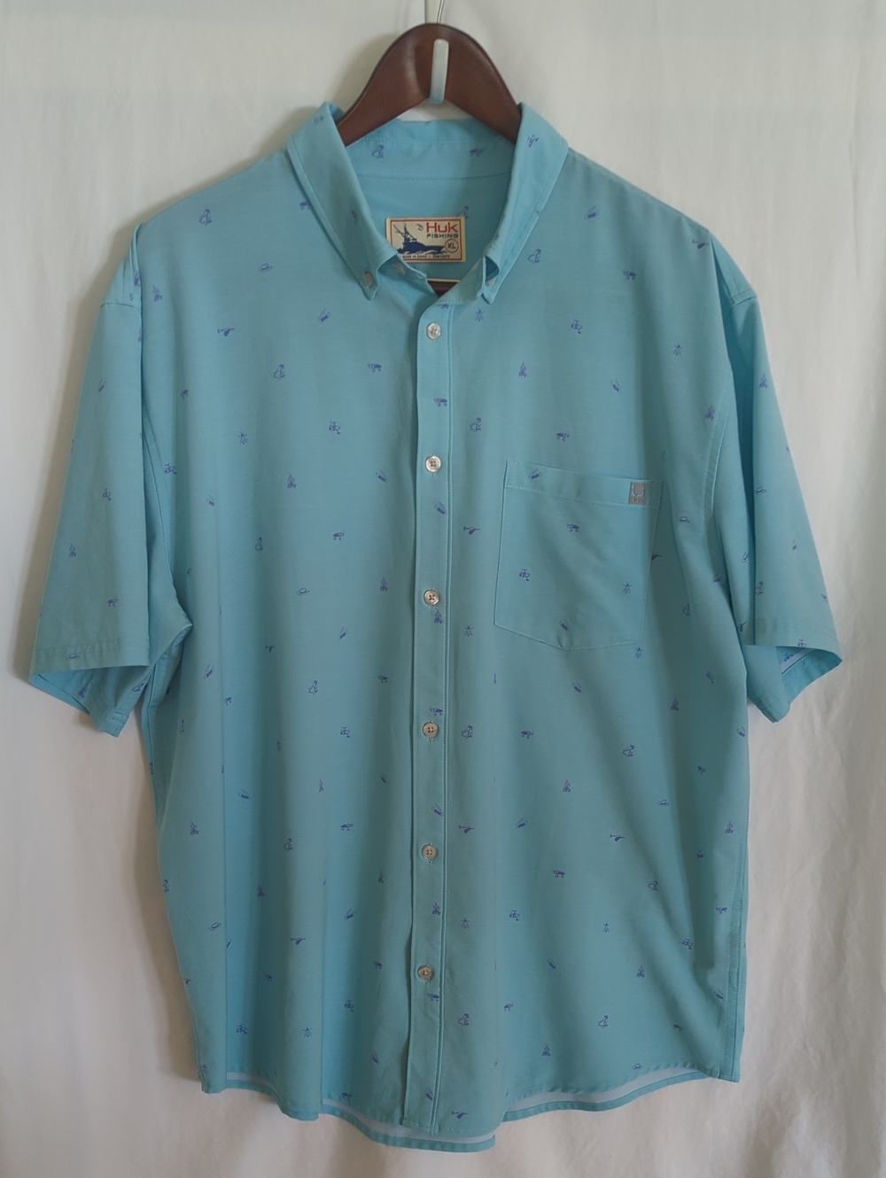 Huk Kona Short Sleeve Fishing Shirt Blue Pattern Mens XL Sunglass Wipe Button Up